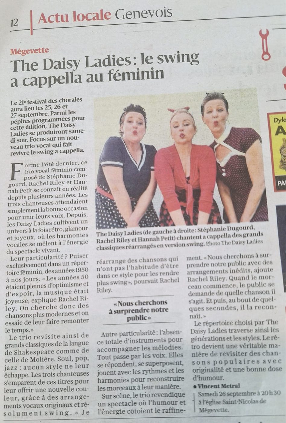 Article du Dauphiné Libéré sur The Daisy Ladies, 19 septembre 2026